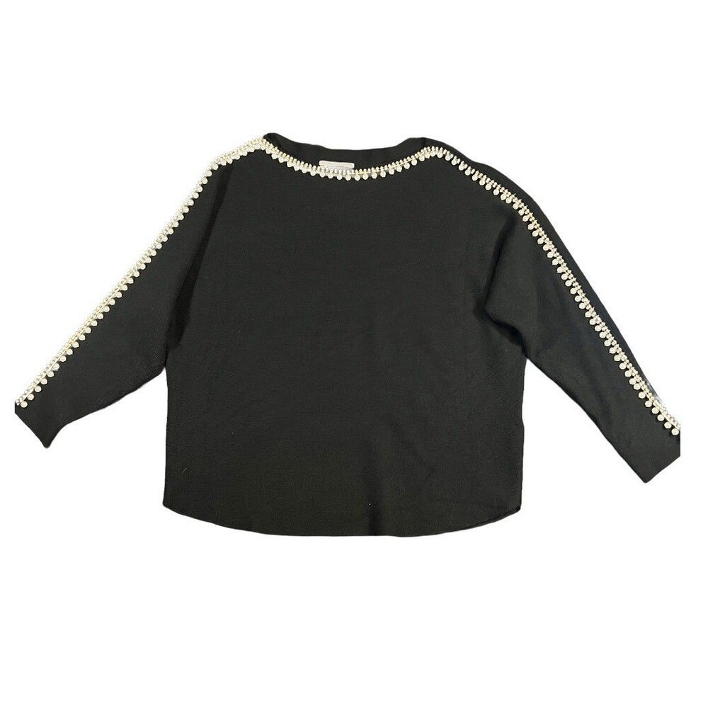LIV Milano Pearl Stone Black Solid Knit Beaded Scoop Neck 3/4 Sleeve Top M